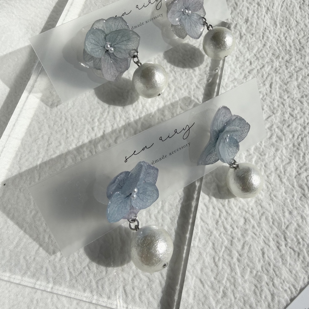 no.277 紫陽花のコットンパールピアス コットンパール アジサイ パール ブルー グラデーション ステンレス ピアス