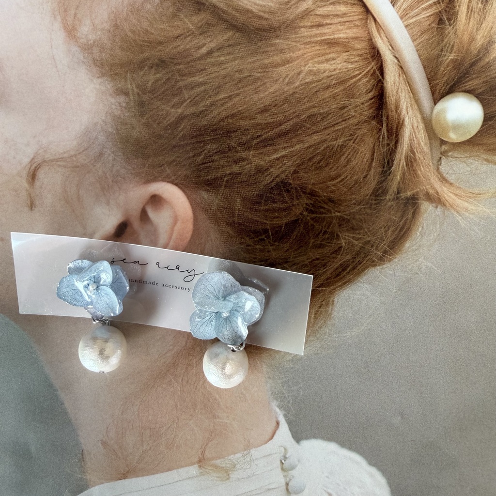 no.277 紫陽花のコットンパールピアス コットンパール アジサイ パール ブルー グラデーション  ステンレス ピアス