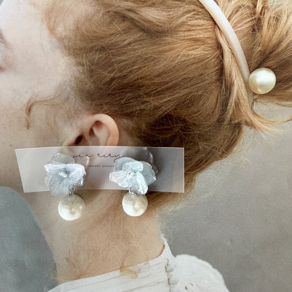 no.278 紫陽花のコットンパールピアス コットンパール アジサイ パール ブルー グラデーション ステンレス ピアス