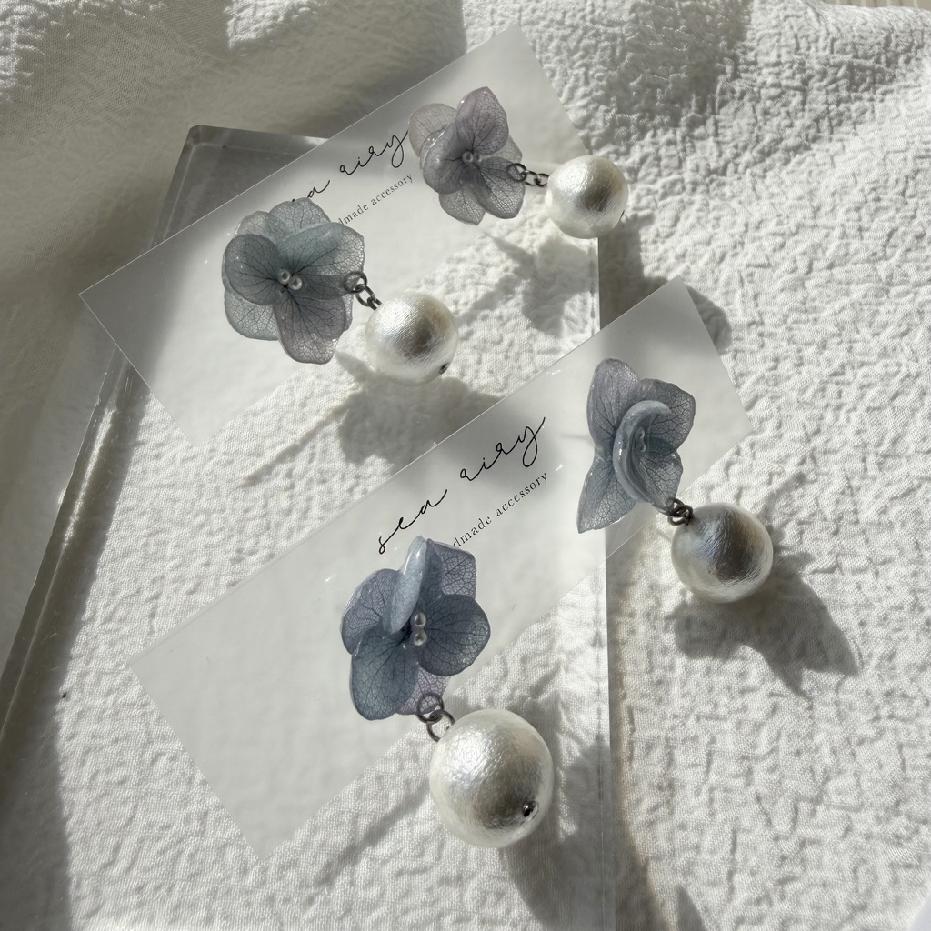 no.278 紫陽花のコットンパールピアス コットンパール アジサイ パール ブルー グラデーション ステンレス ピアス