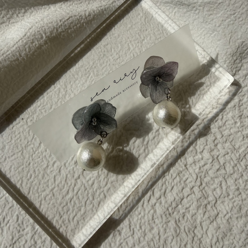 no.278 紫陽花のコットンパールピアス コットンパール アジサイ パール ブルー グラデーション ステンレス ピアス