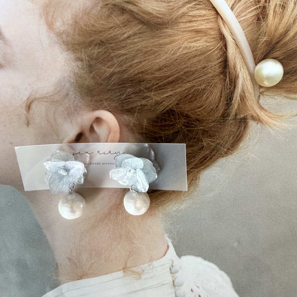 no.278 紫陽花のコットンパールピアス コットンパール アジサイ パール ブルー グラデーション ステンレス ピアス