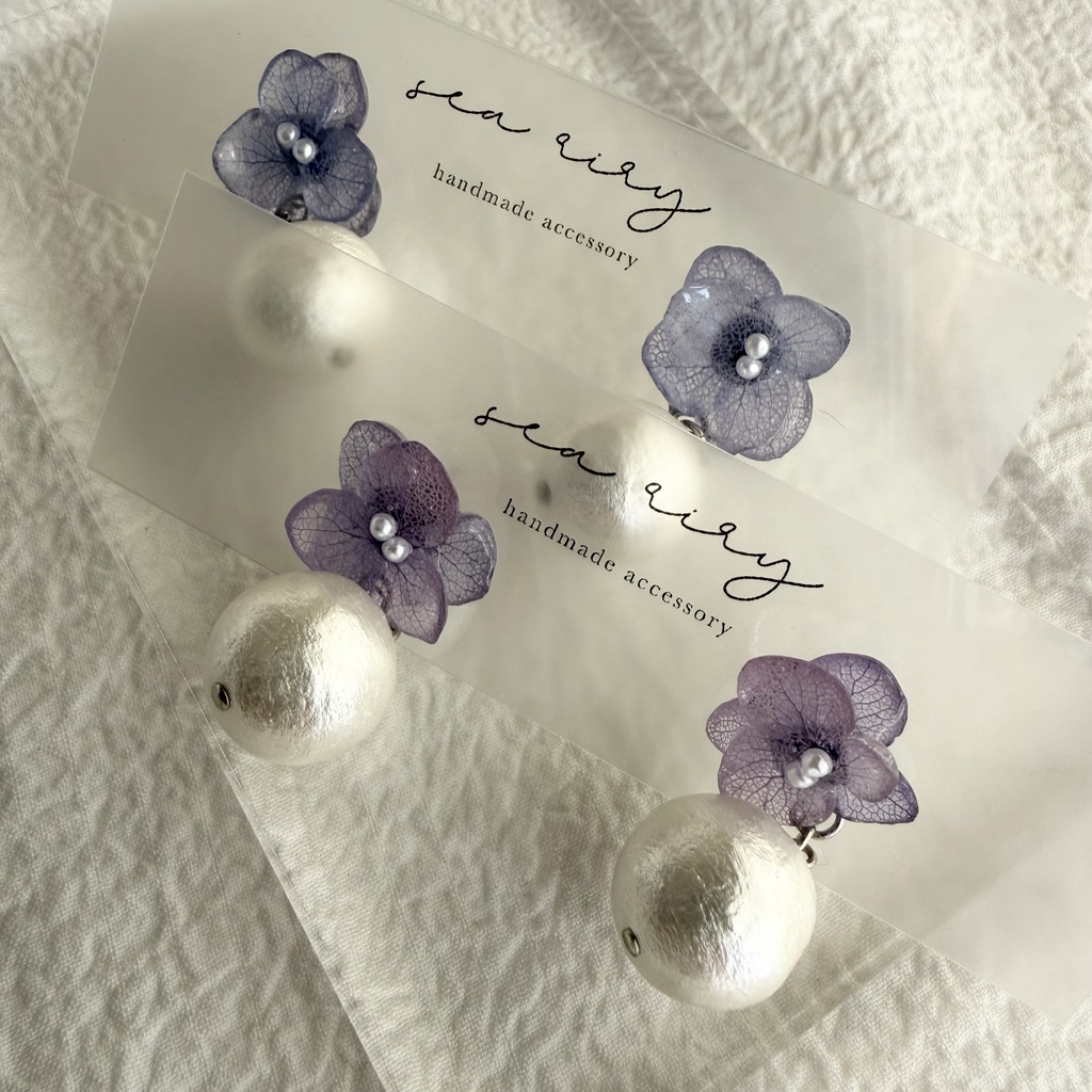 no.279 紫陽花とコットンパールのピアス アジサイ コットンパール パープル 紫 ステンレス ピアス