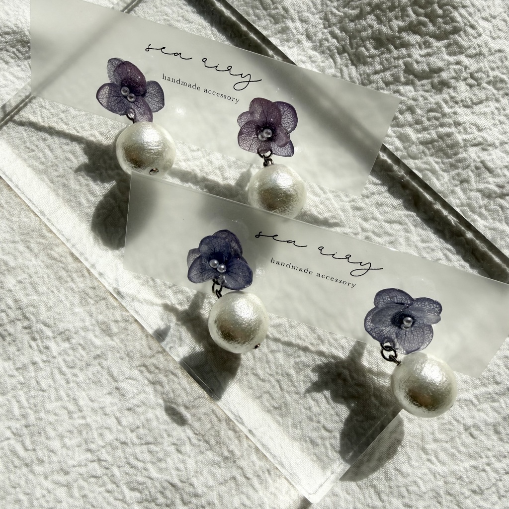 no.279 紫陽花とコットンパールのピアス アジサイ コットンパール パープル 紫 ステンレス ピアス