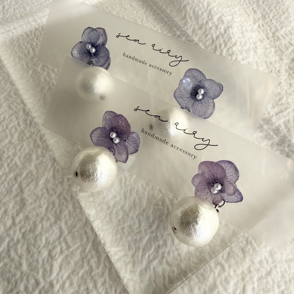 no.279 紫陽花とコットンパールのピアス アジサイ コットンパール パープル 紫 ステンレス ピアス