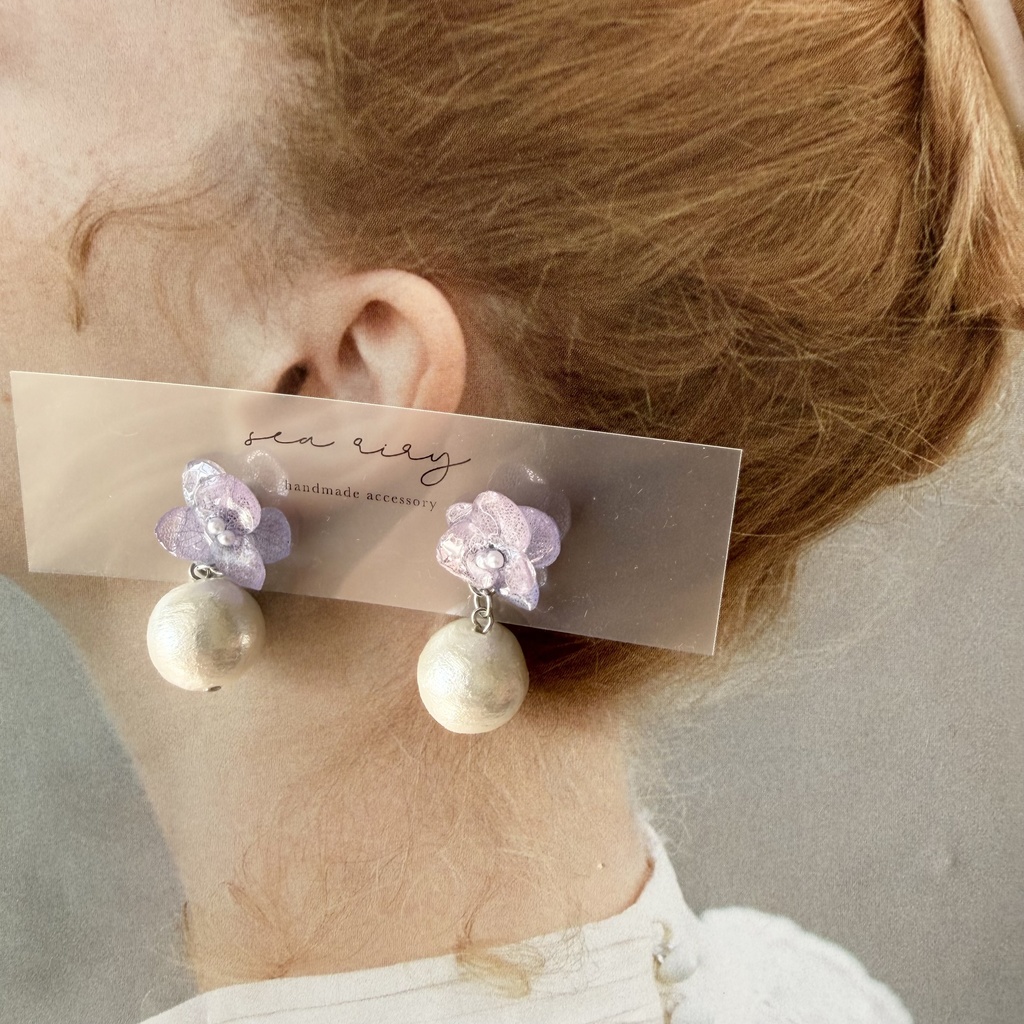 no.279 紫陽花とコットンパールのピアス アジサイ コットンパール パープル 紫 ステンレス ピアス