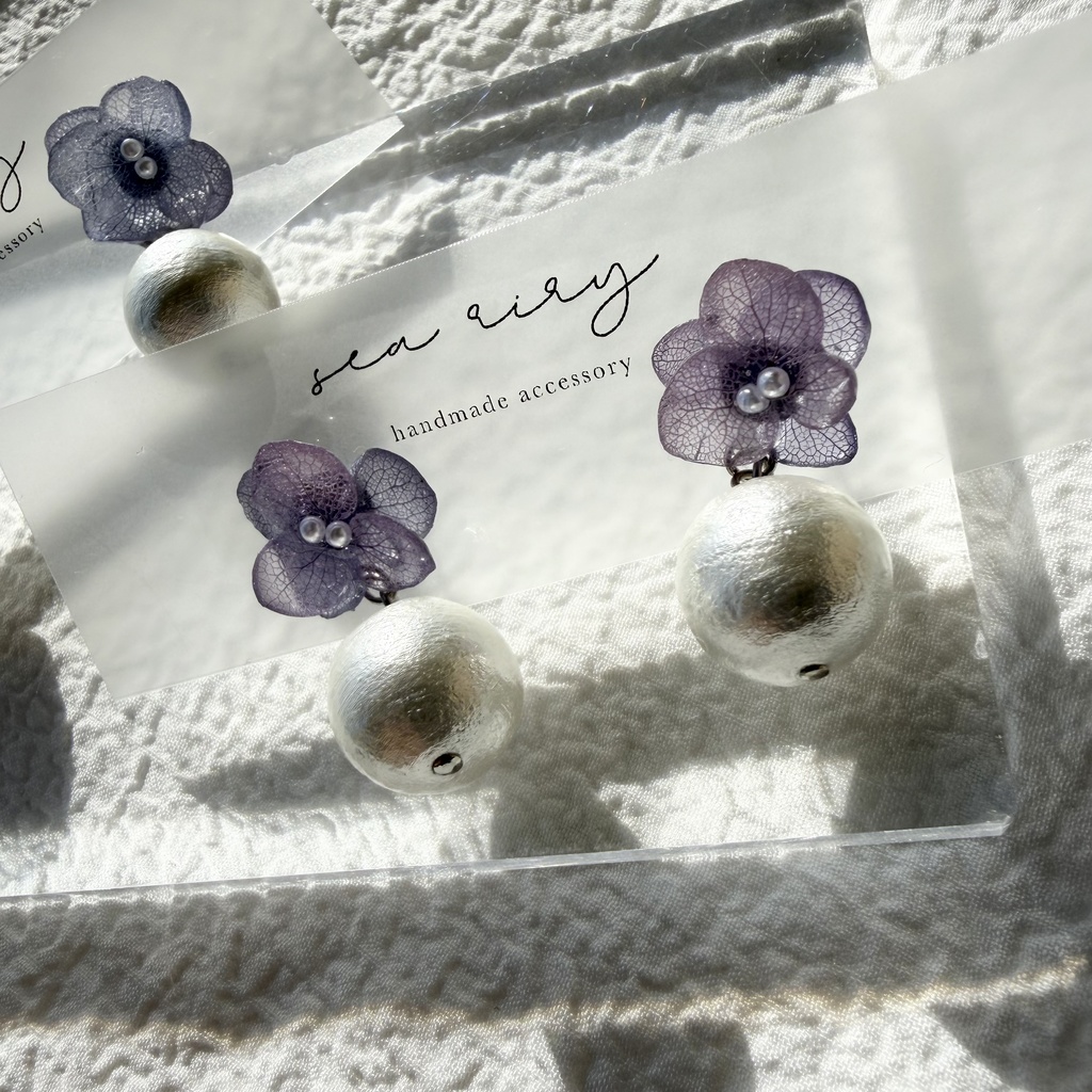 no.279 紫陽花とコットンパールのピアス アジサイ コットンパール パープル 紫 ステンレス ピアス