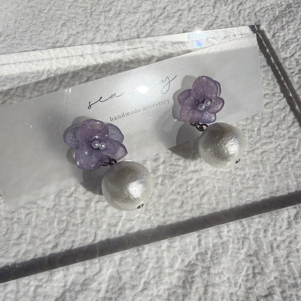 no.279 紫陽花とコットンパールのピアス アジサイ コットンパール パープル 紫 ステンレス ピアス