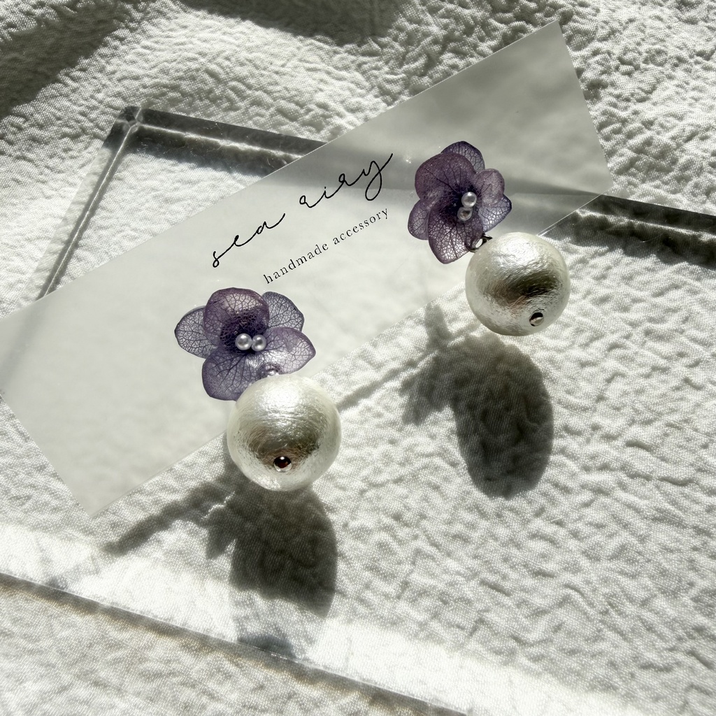 no.279 紫陽花とコットンパールのピアス アジサイ コットンパール パープル 紫 ステンレス ピアス