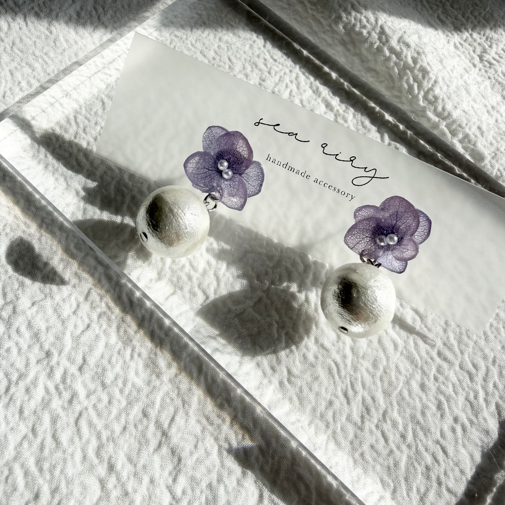 no.279 紫陽花とコットンパールのピアス アジサイ コットンパール パープル 紫 ステンレス ピアス