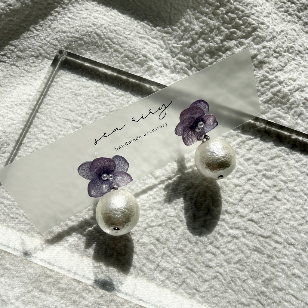 no.279 紫陽花とコットンパールのピアス アジサイ コットンパール パープル 紫 ステンレス ピアス