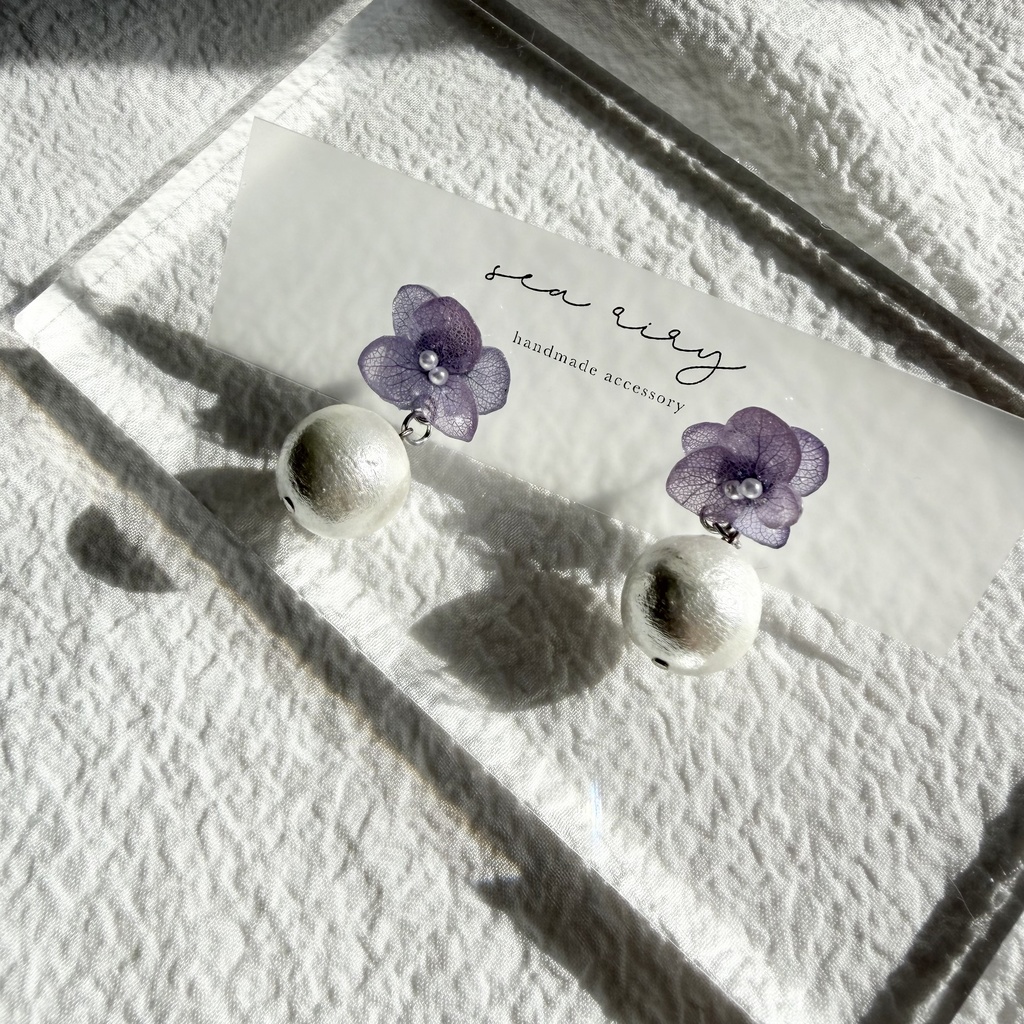 no.279 紫陽花とコットンパールのピアス アジサイ コットンパール パープル 紫 ステンレス ピアス