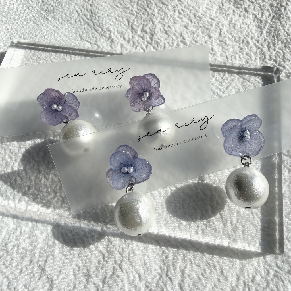 no.279 紫陽花とコットンパールのピアス アジサイ コットンパール パープル 紫 ステンレス ピアス