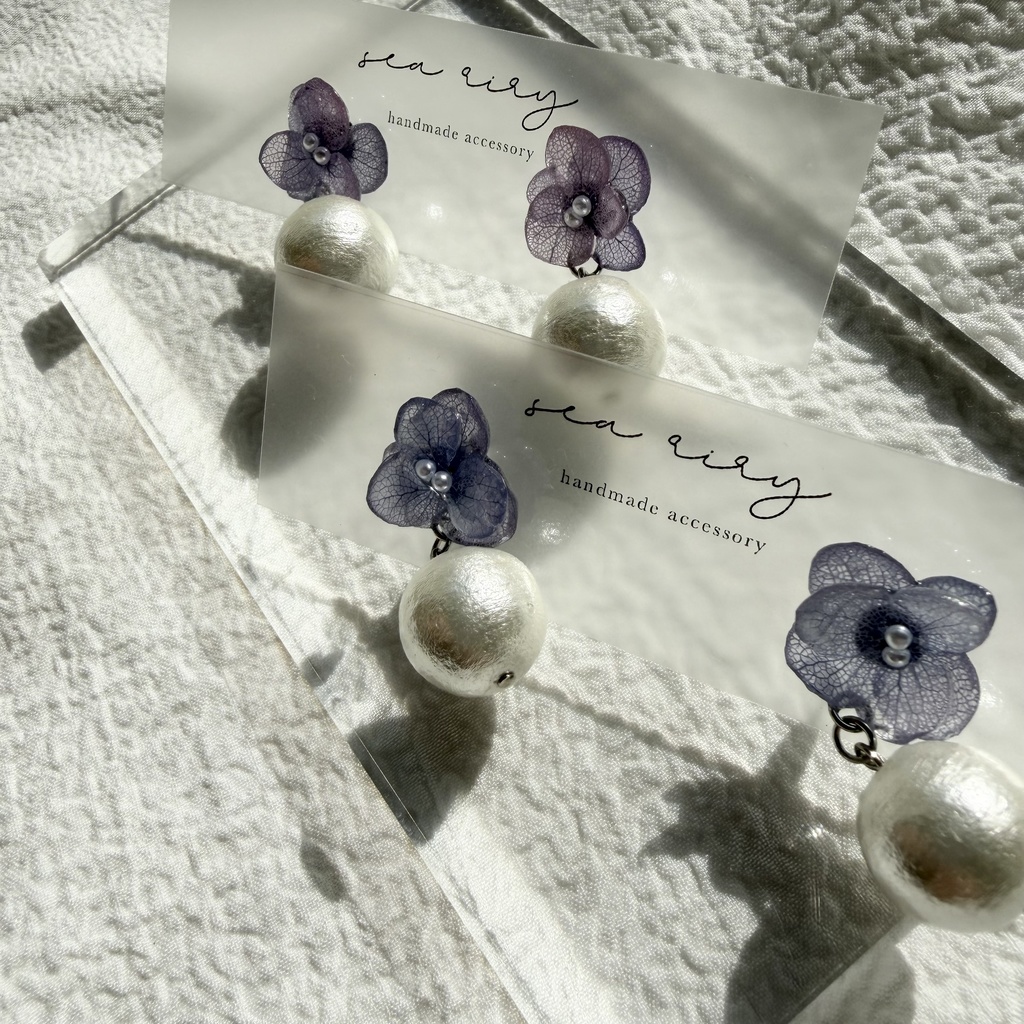 no.279 紫陽花とコットンパールのピアス アジサイ コットンパール パープル 紫 ステンレス ピアス