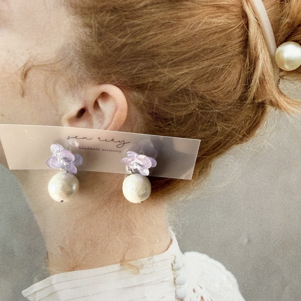 no.279 紫陽花とコットンパールのピアス アジサイ コットンパール パープル 紫 ステンレス ピアス