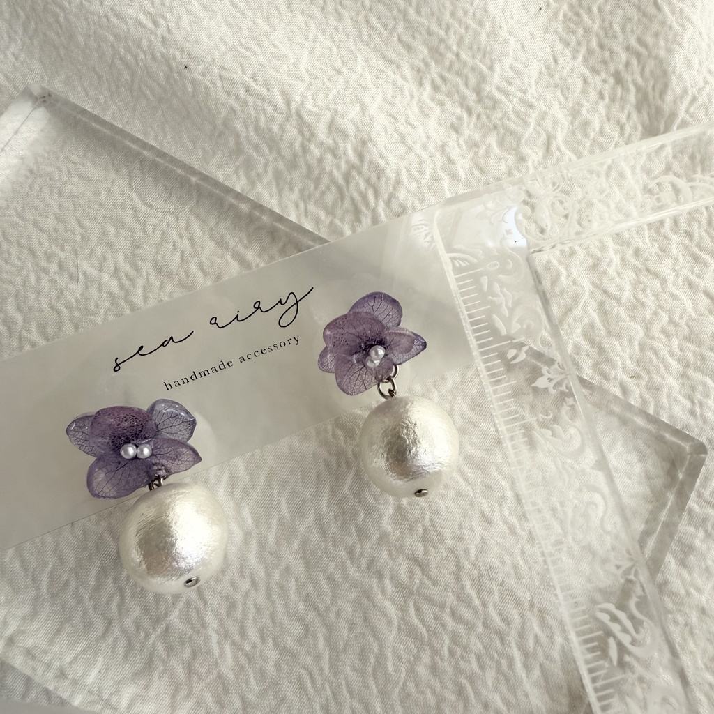 no.279 紫陽花とコットンパールのピアス アジサイ コットンパール パープル 紫 ステンレス ピアス