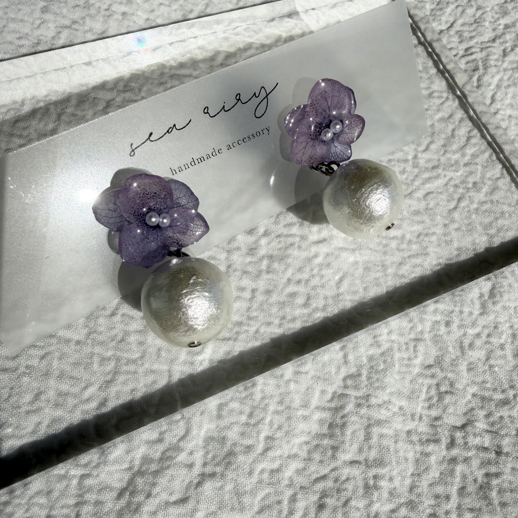 no.279 紫陽花とコットンパールのピアス アジサイ コットンパール パープル 紫 ステンレス ピアス