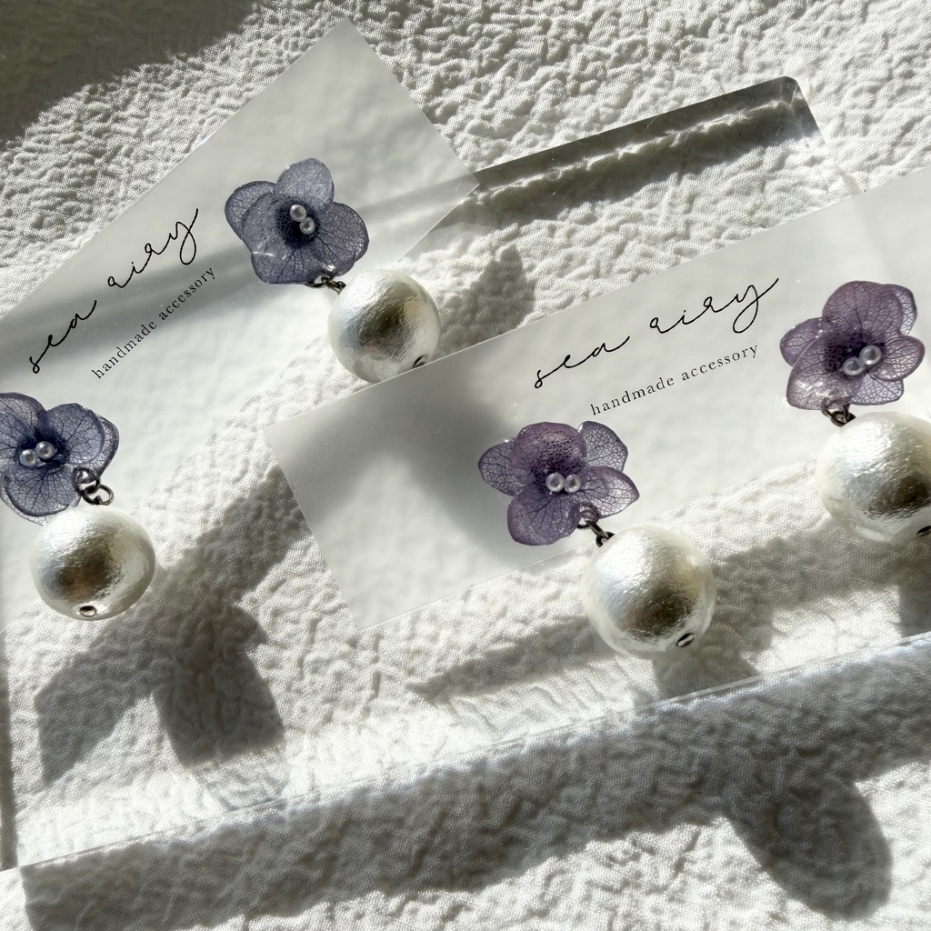 no.279 紫陽花とコットンパールのピアス アジサイ コットンパール パープル 紫 ステンレス ピアス