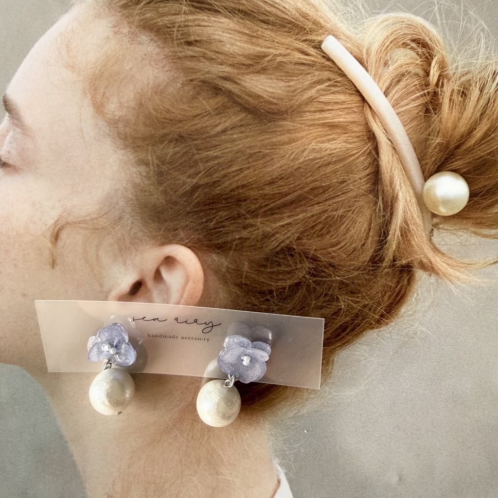 no.280 紫陽花とコットンパールのピアス アジサイ コットンパール ブルー 青 ステンレス ピアス