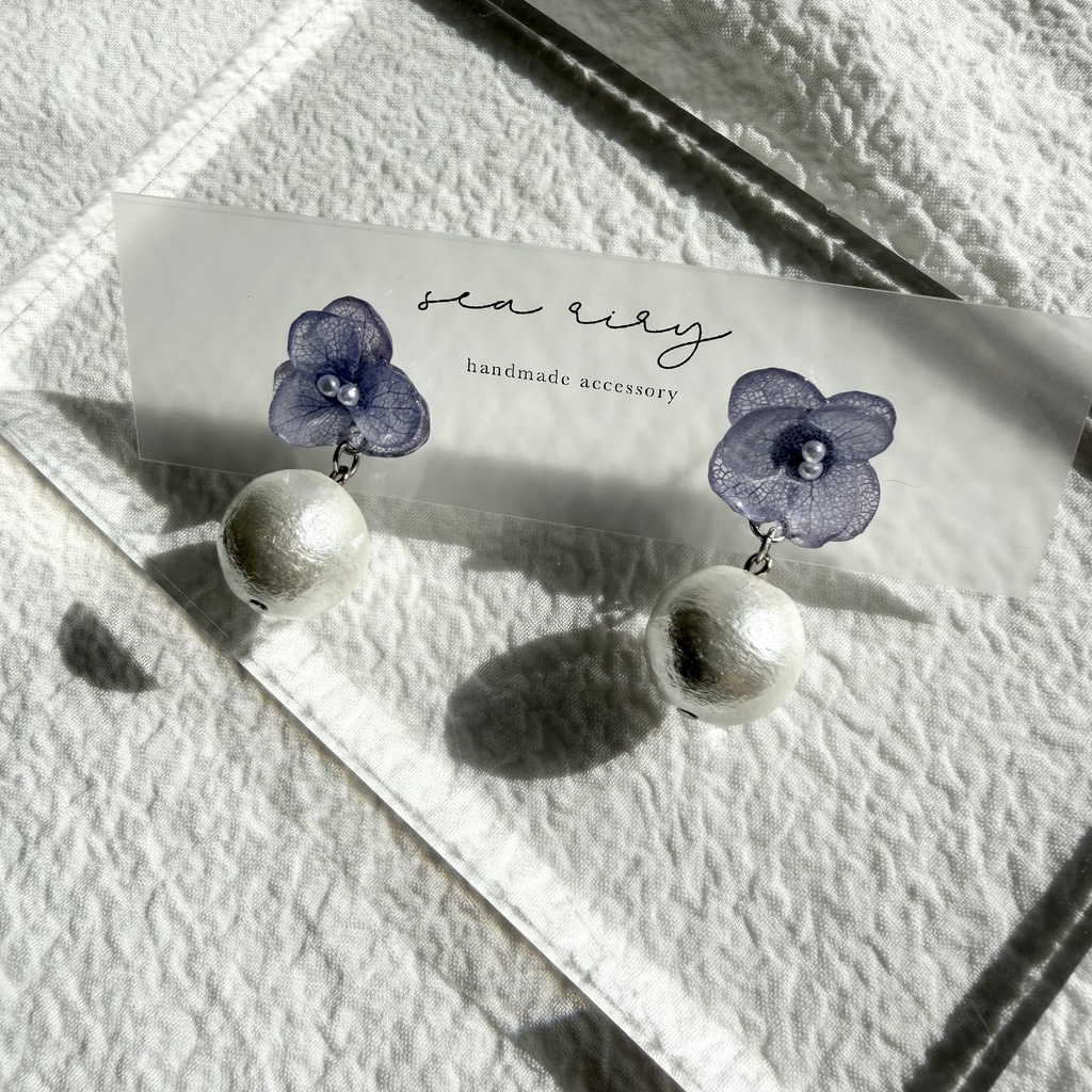 no.280 紫陽花とコットンパールのピアス アジサイ コットンパール ブルー 青 ステンレス ピアス