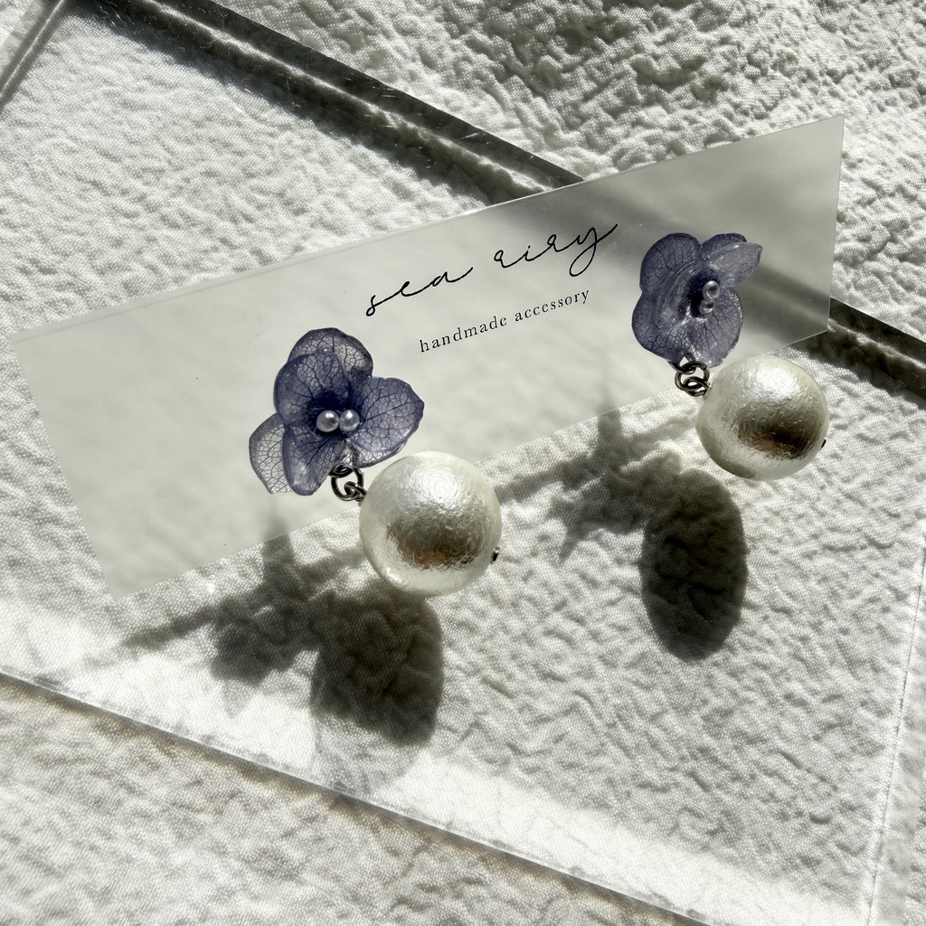 no.280 紫陽花とコットンパールのピアス アジサイ コットンパール ブルー 青 ステンレス ピアス