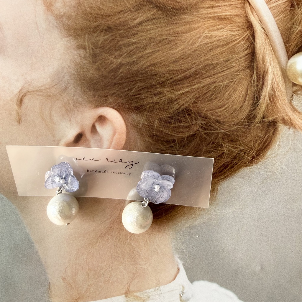 no.280 紫陽花とコットンパールのピアス アジサイ コットンパール ブルー 青 ステンレス ピアス
