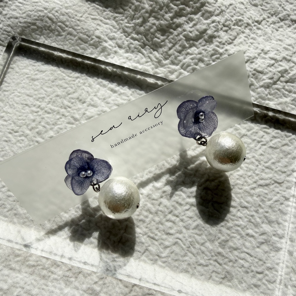 no.280 紫陽花とコットンパールのピアス アジサイ コットンパール ブルー 青 ステンレス ピアス