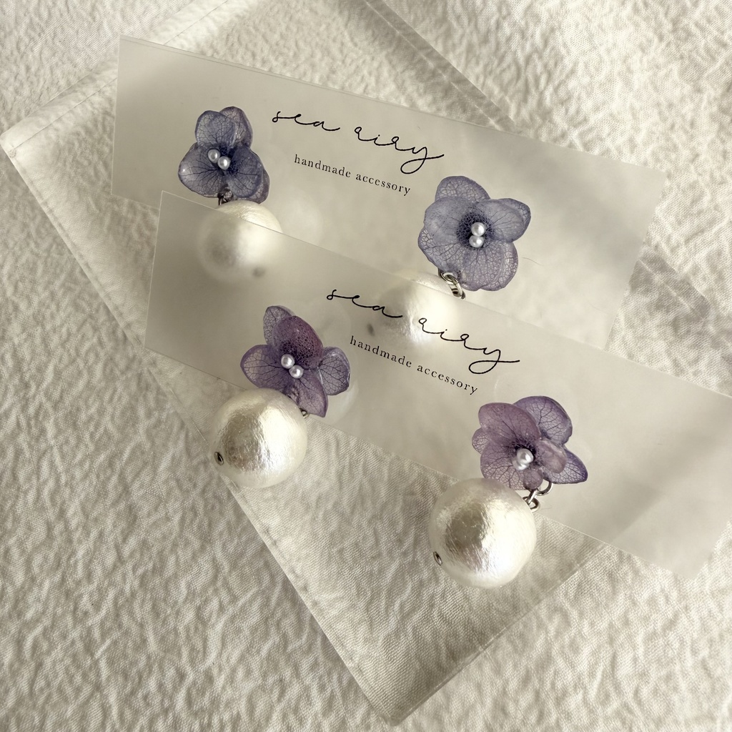no.280 紫陽花とコットンパールのピアス アジサイ コットンパール ブルー 青 ステンレス ピアス