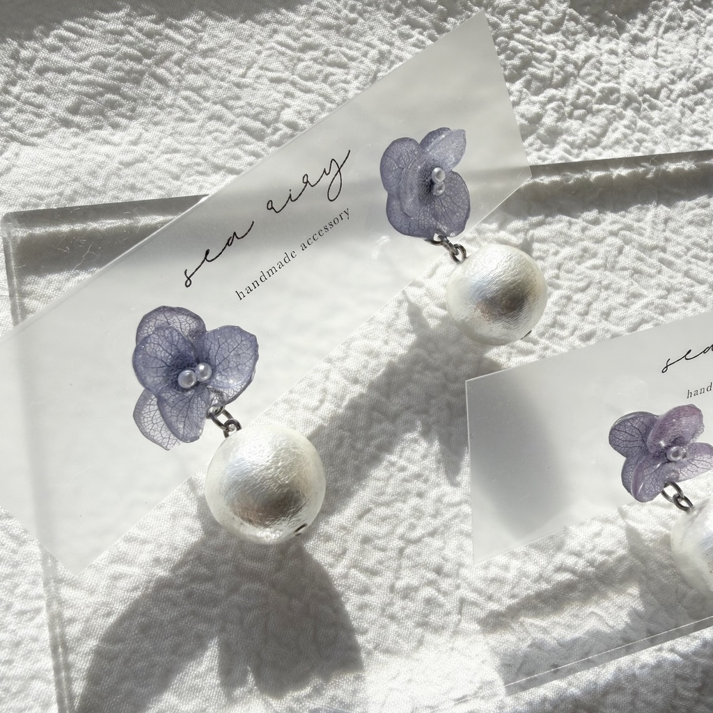 no.280 紫陽花とコットンパールのピアス アジサイ コットンパール ブルー 青 ステンレス ピアス
