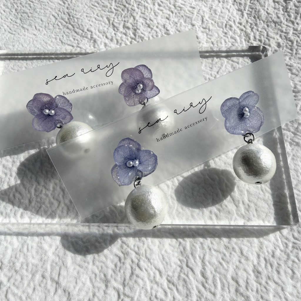 no.280 紫陽花とコットンパールのピアス アジサイ コットンパール ブルー 青 ステンレス ピアス