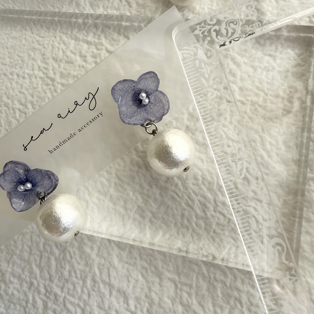no.280 紫陽花とコットンパールのピアス アジサイ コットンパール ブルー 青 ステンレス ピアス