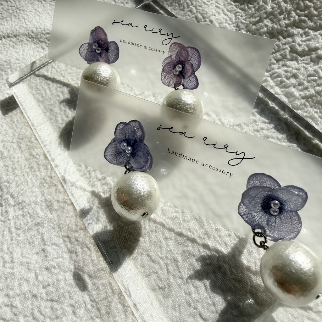 no.280 紫陽花とコットンパールのピアス アジサイ コットンパール ブルー 青 ステンレス ピアス