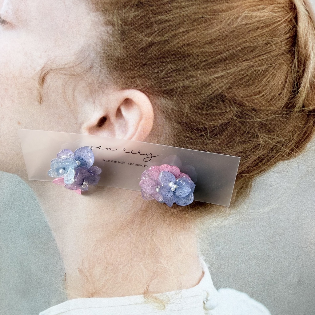 no.281 マーメイドカラーの紫陽花ピアス アジサイ パール あじさい ブルー パープル ステンレス ピアス ハンドメイド