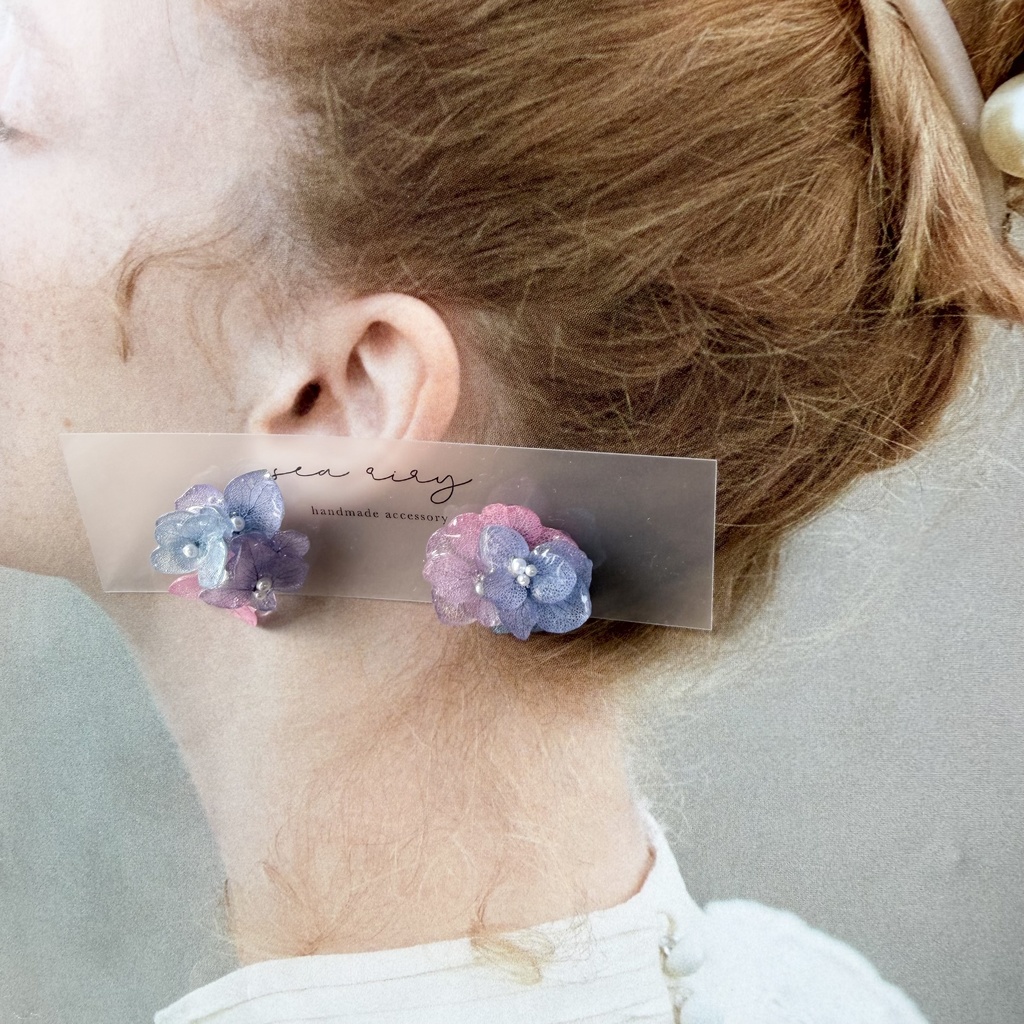 no.281 マーメイドカラーの紫陽花ピアス　アジサイ　パール　あじさい　ブルー　パープル　ステンレス　ピアス　 ハンドメイド