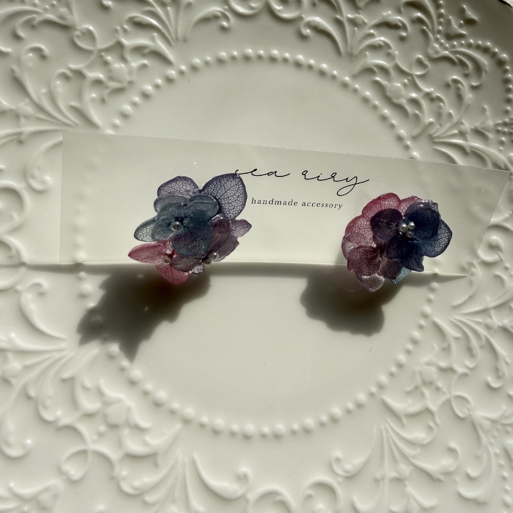 no.281 マーメイドカラーの紫陽花ピアス アジサイ パール あじさい ブルー パープル ステンレス ピアス ハンドメイド