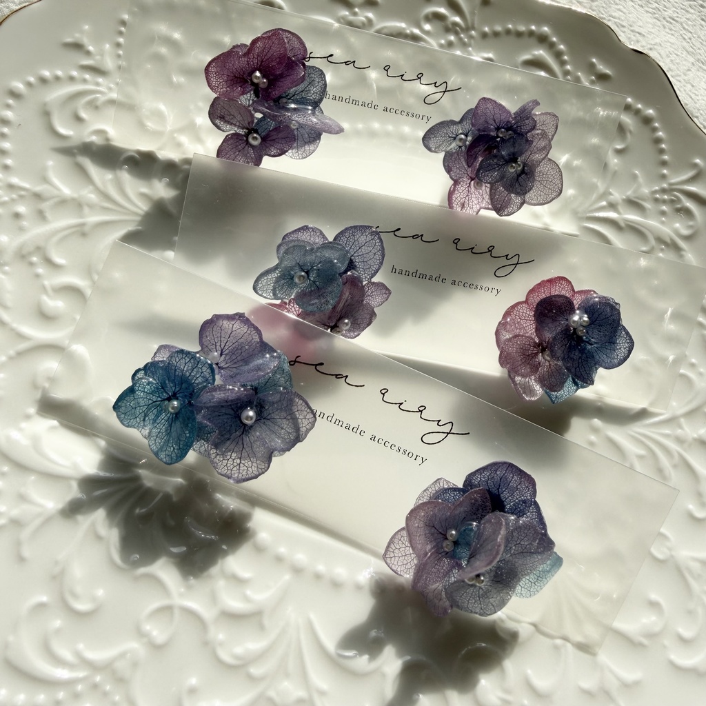 no.281 マーメイドカラーの紫陽花ピアス アジサイ パール あじさい ブルー パープル ステンレス ピアス ハンドメイド