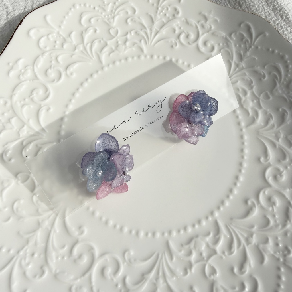 no.281 マーメイドカラーの紫陽花ピアス アジサイ パール あじさい ブルー パープル ステンレス ピアス ハンドメイド