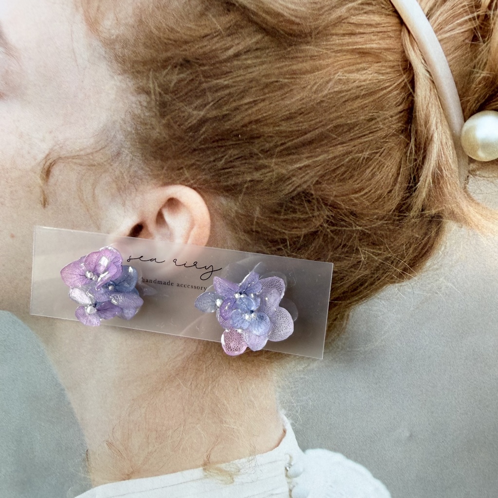 no.282 マーメイドカラーの紫陽花ピアス アジサイ パール あじさい ブルー パープル ステンレス ピアス ハンドメイド