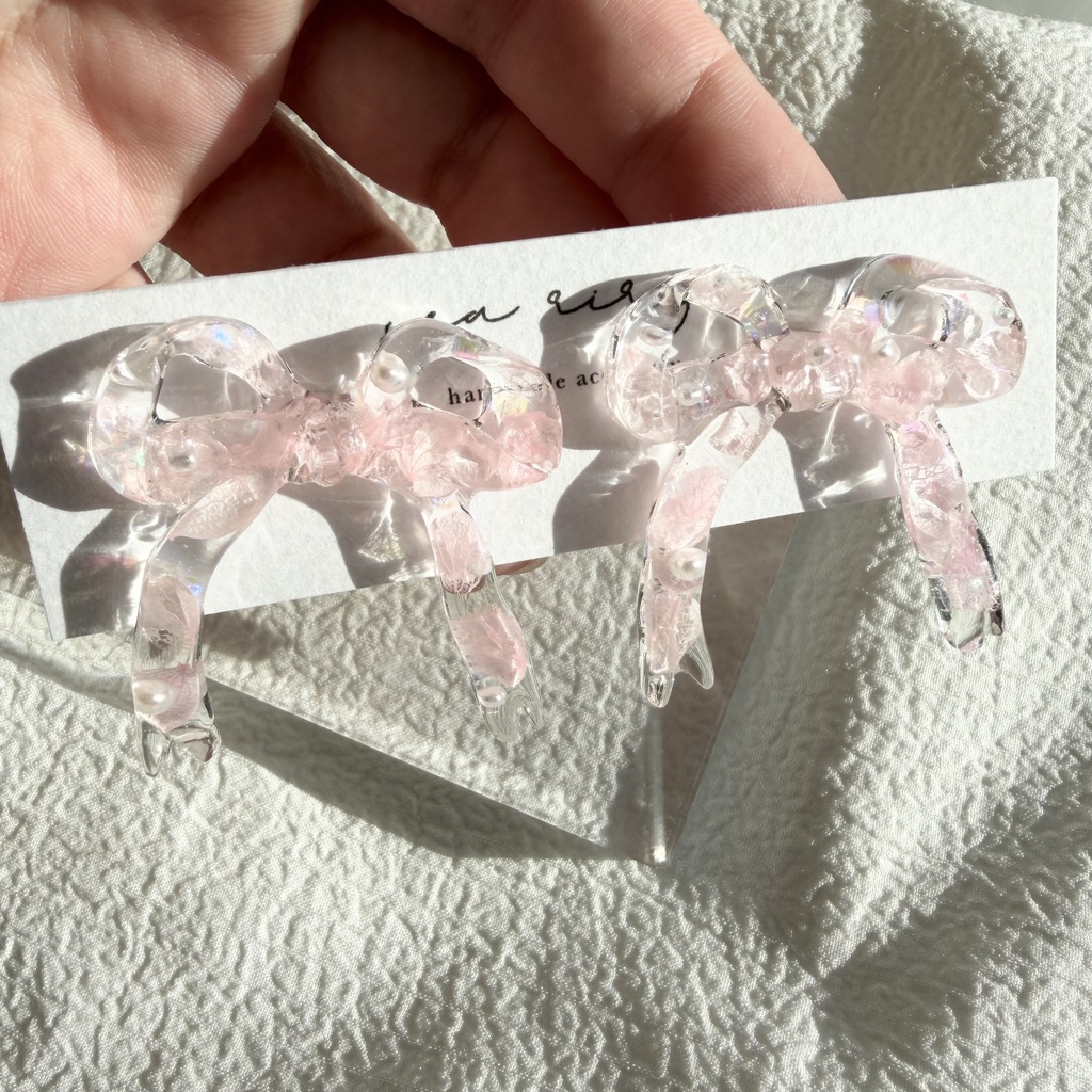 no.284 再販 春色リボンピアス 桜色 紫陽花 リボン ベビーピンク サージカルステンレスピアス ピアス