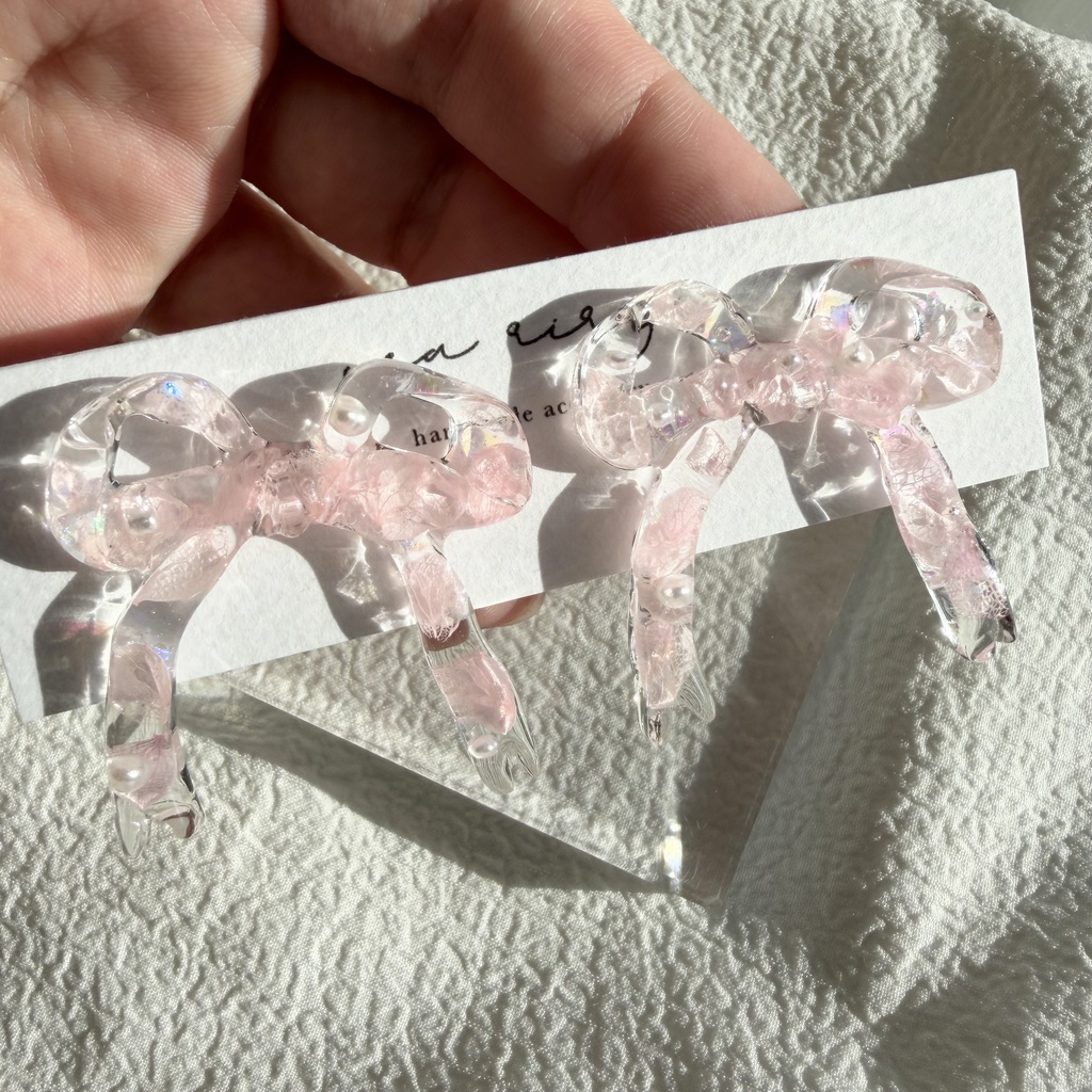 no.284 再販 春色リボンピアス 桜色 紫陽花 リボン ベビーピンク サージカルステンレスピアス ピアス