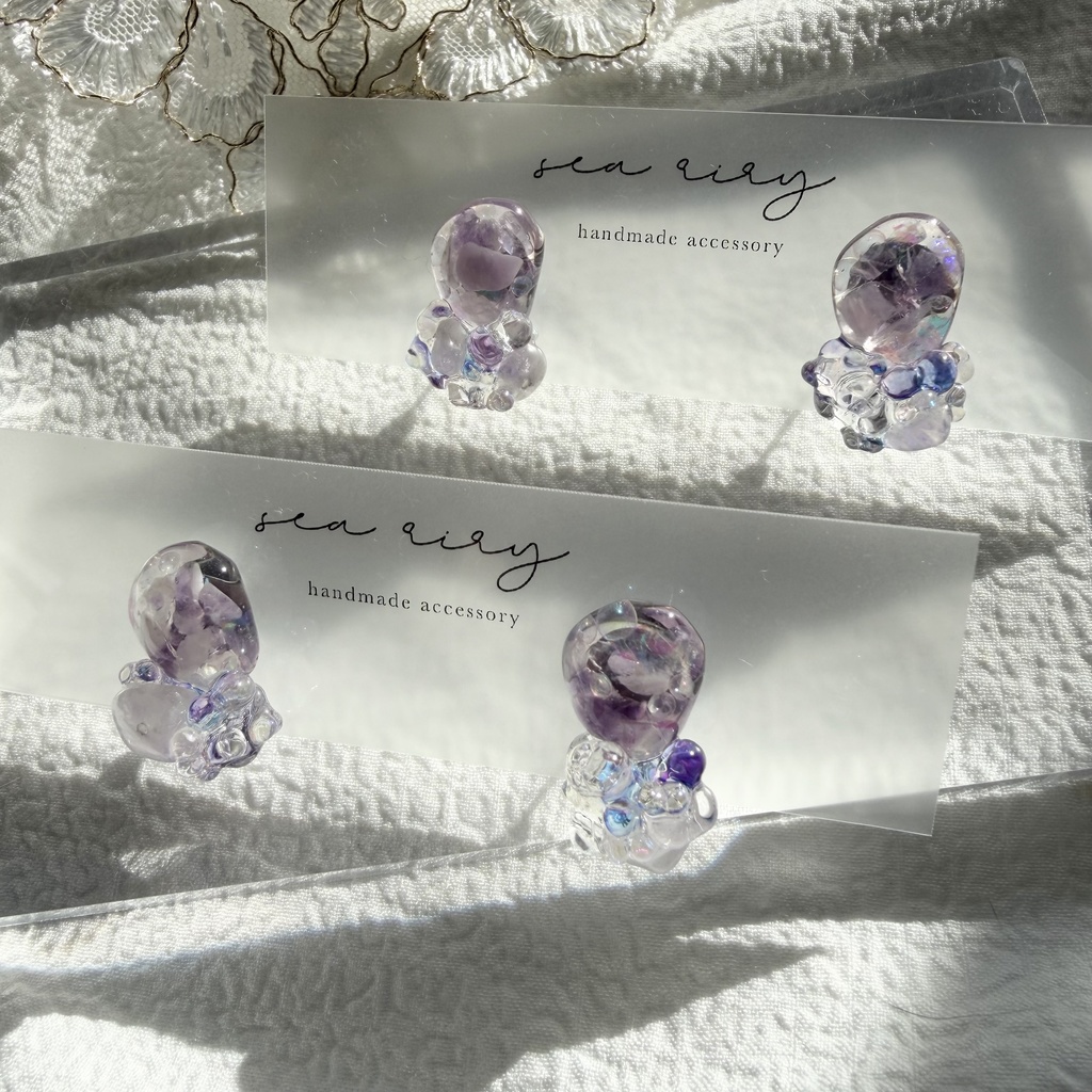 no.293 再販 アメジストの鉱石ピアス パープル アメジスト クリア チェコビーズ サージカルステンレスピアス