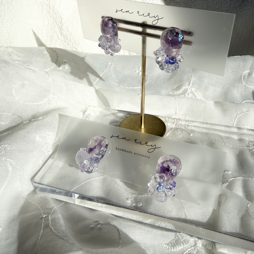 no.293 再販 アメジストの鉱石ピアス パープル アメジスト クリア チェコビーズ サージカルステンレスピアス
