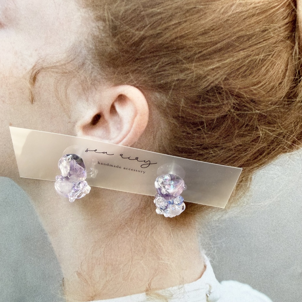 no.293 再販 アメジストの鉱石ピアス パープル アメジスト クリア チェコビーズ サージカルステンレスピアス