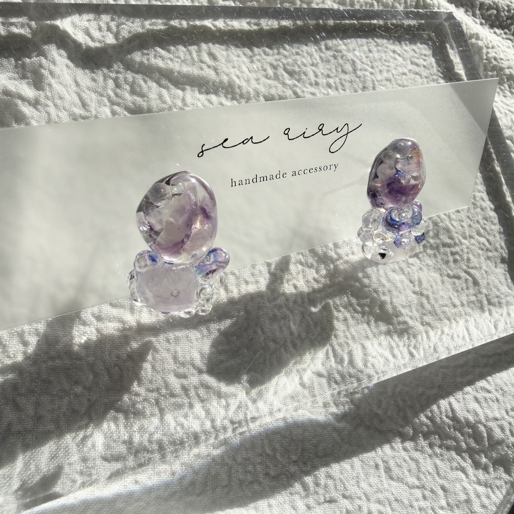 no.293 再販 アメジストの鉱石ピアス パープル アメジスト クリア チェコビーズ サージカルステンレスピアス