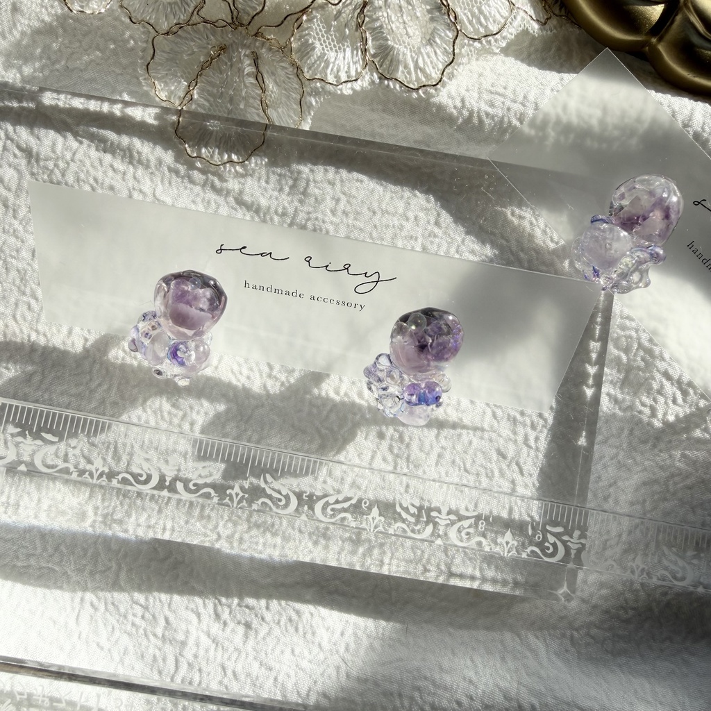no.293 再販 アメジストの鉱石ピアス パープル アメジスト クリア チェコビーズ サージカルステンレスピアス