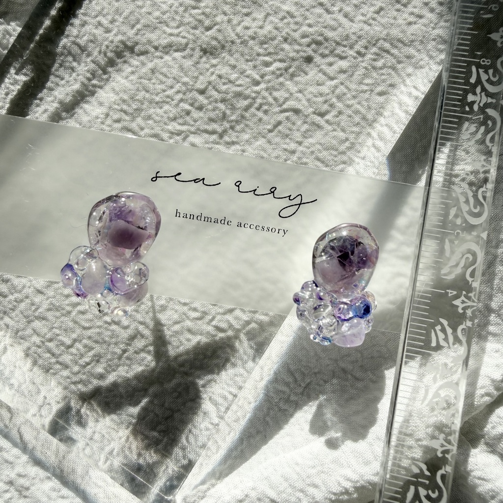 no.293 再販 アメジストの鉱石ピアス パープル アメジスト クリア チェコビーズ サージカルステンレスピアス