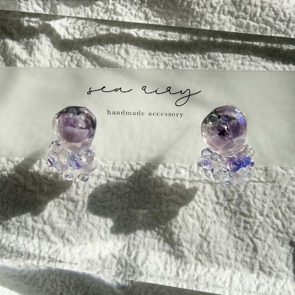 no.293 再販 アメジストの鉱石ピアス パープル アメジスト クリア チェコビーズ サージカルステンレスピアス
