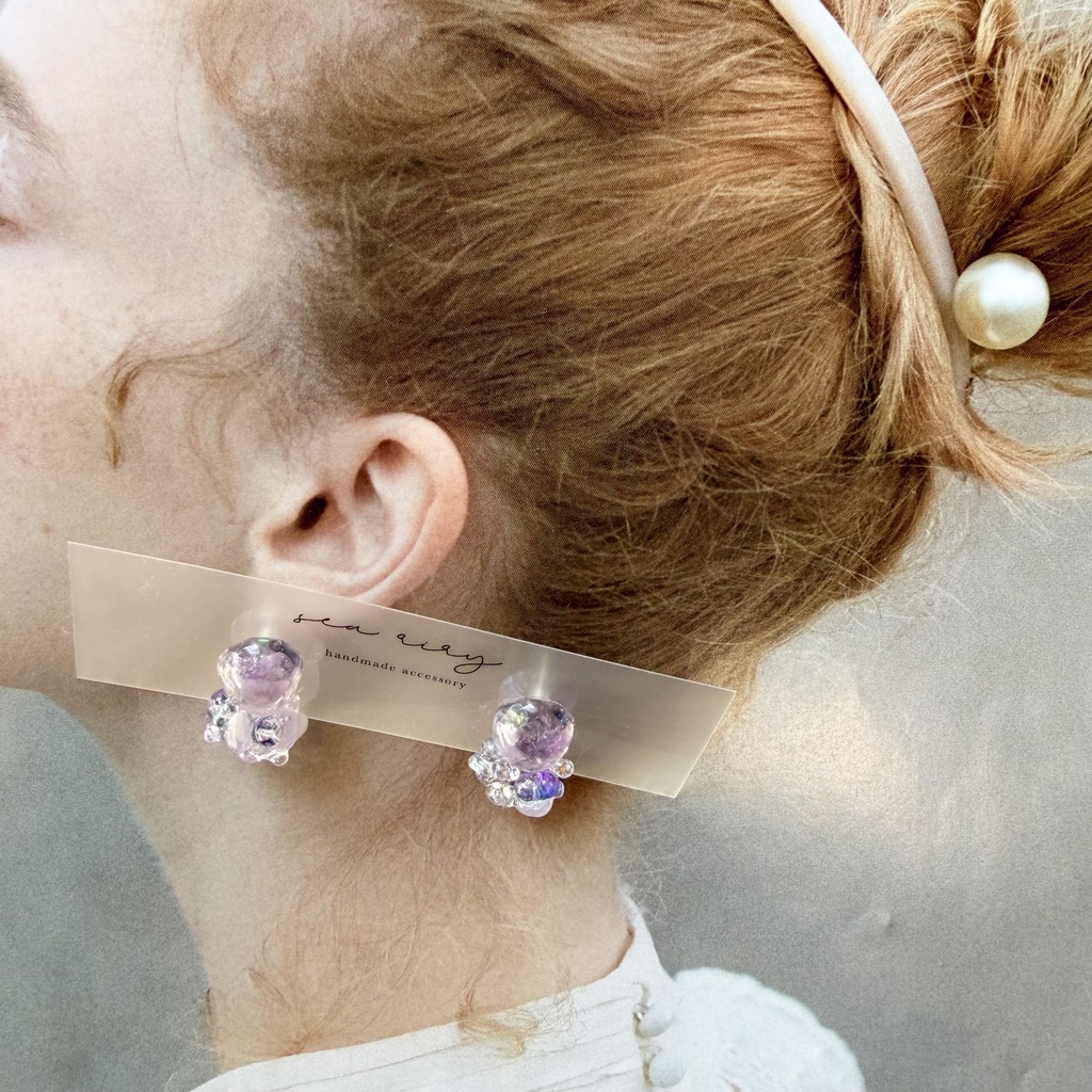 no.293 再販 アメジストの鉱石ピアス パープル アメジスト クリア チェコビーズ サージカルステンレスピアス