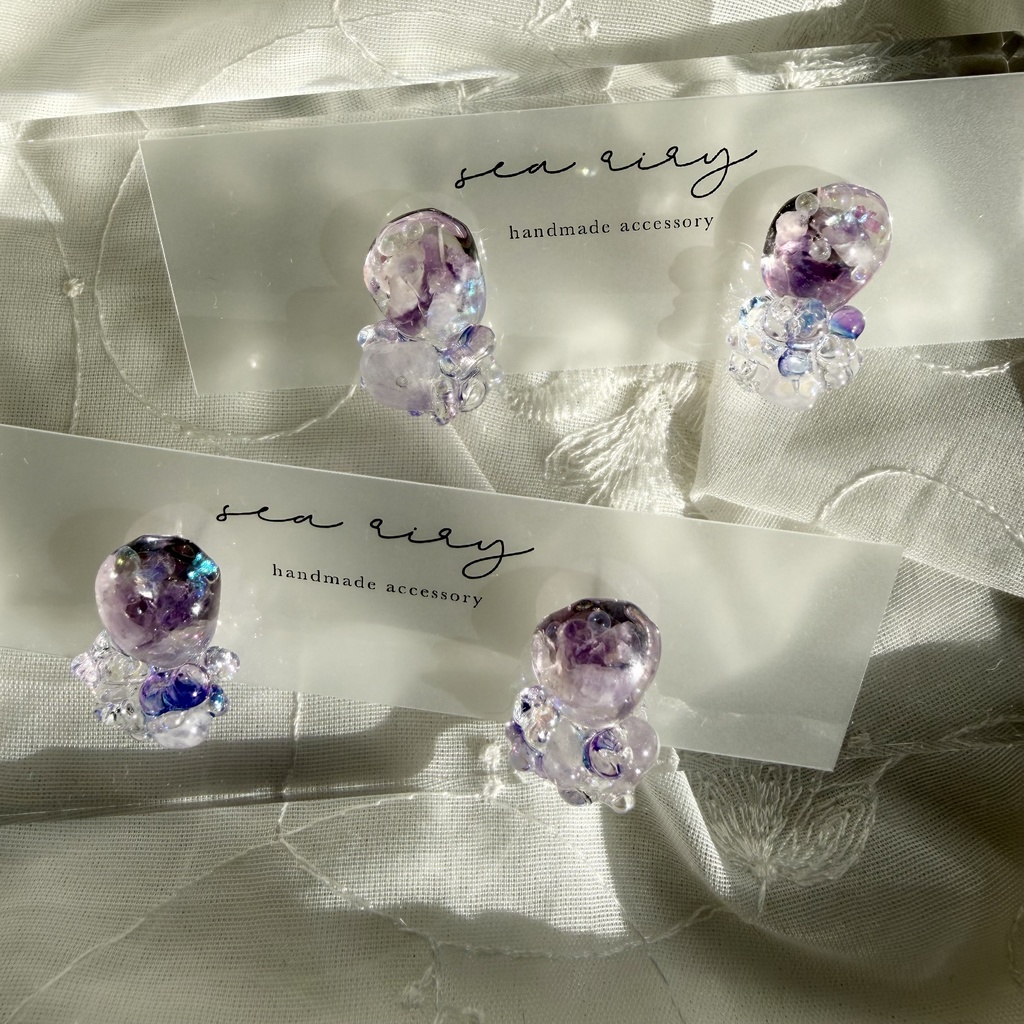 no.293 再販 アメジストの鉱石ピアス パープル アメジスト クリア チェコビーズ サージカルステンレスピアス