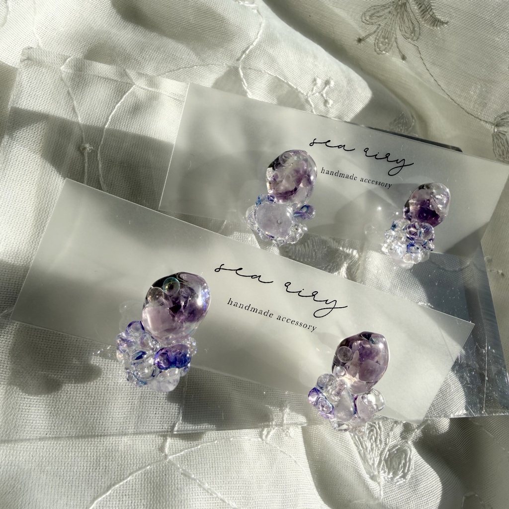 no.293 再販 アメジストの鉱石ピアス パープル アメジスト クリア チェコビーズ サージカルステンレスピアス